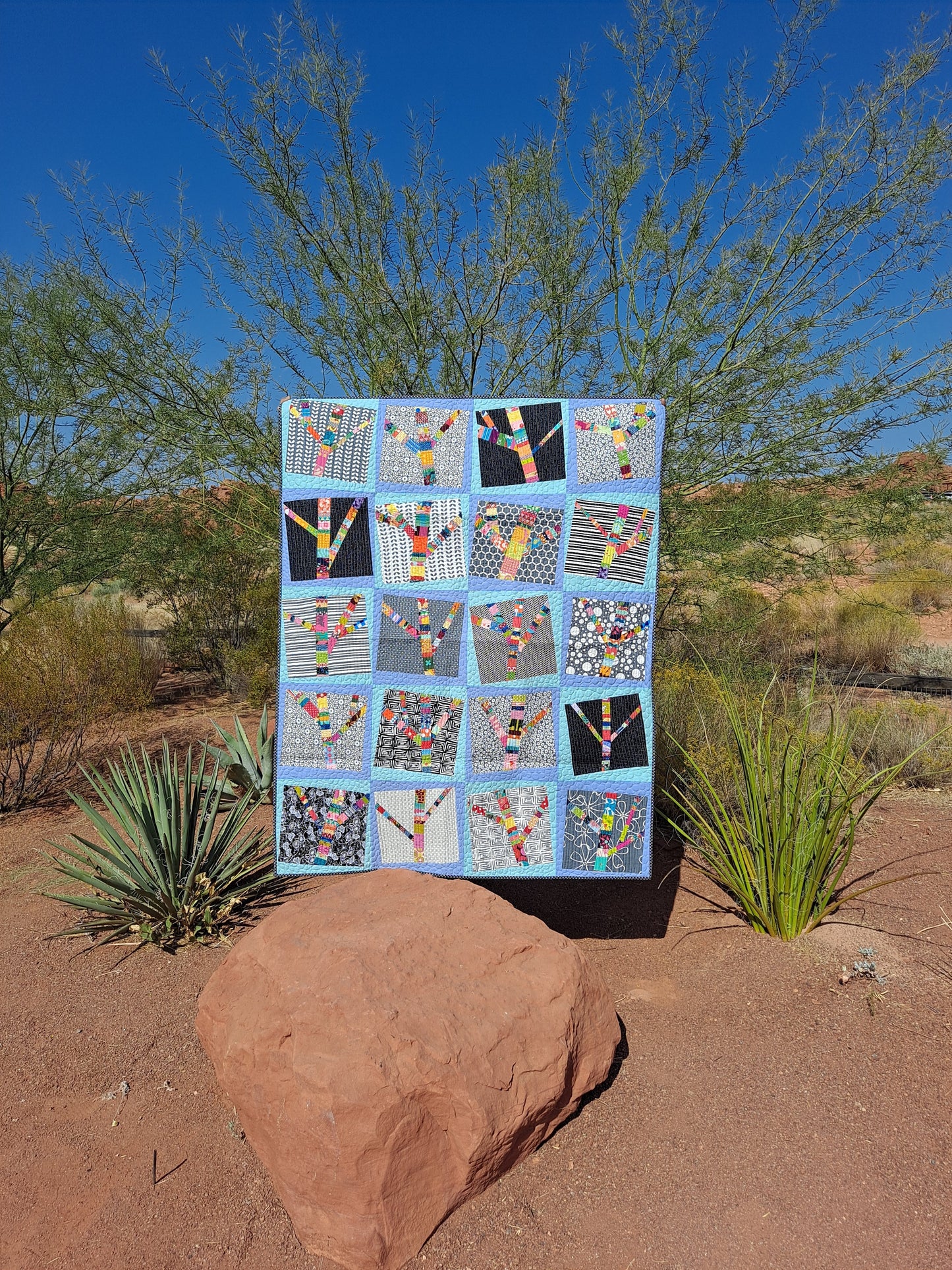 Yarn Bomb Trees a layer cake, modern PDF quilt pattern